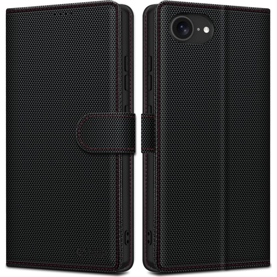 Etui z klapką Tech-Protect Wallet RS do iPhone 16e, czarne z czerwonym przeszyciem. Ochrona telefonu, ekoskóra i TPU, elegancja i trwałość, solidne przeszycia